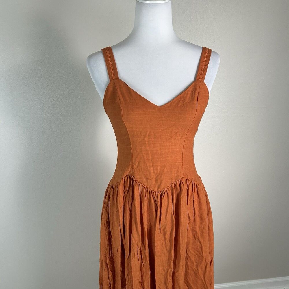 Moon River XS Midi Dress Orange Linen Eyelet Basque Waist Sleeveless Cottage - Picture 3 of 6